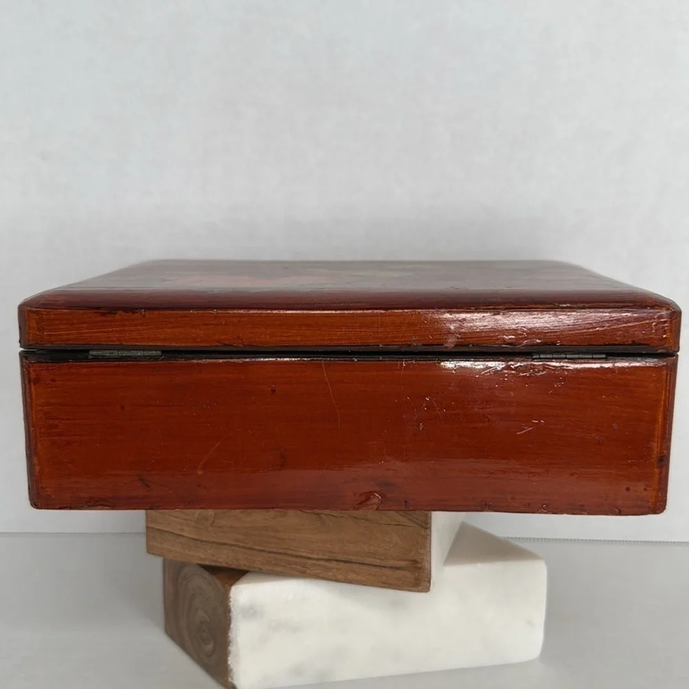 Antique Japanese Hand-Painted Cinnabar-Red Lacquered Box No Key